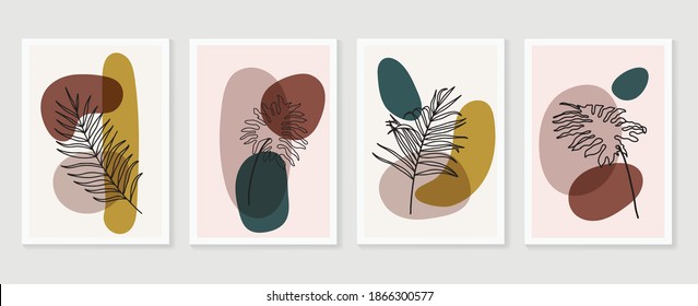 Botanical wall art vector set. Earth tone boho foliage line art drawing with  abstract shape.  Abstract Plant Art design for print, cover, wallpaper, Minimal and  natural wall art.