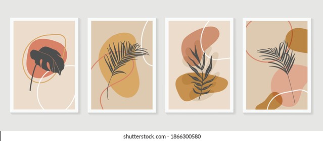 Botanical wall art vector set. Earth tone boho foliage line art drawing with  abstract shape.  Abstract Plant Art design for print, cover, wallpaper, Minimal and  natural wall art.