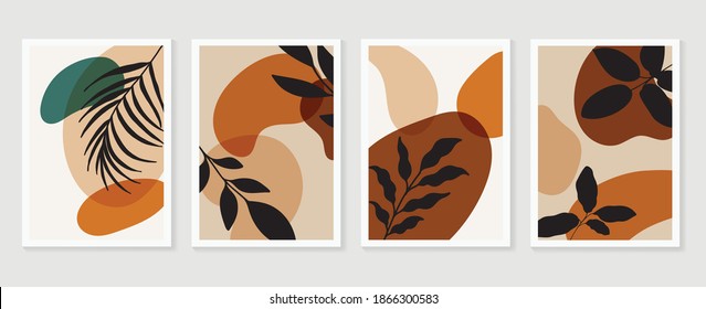 Botanical wall art vector set. Earth tone boho foliage line art drawing with  abstract shape.  Abstract Plant Art design for print, cover, wallpaper, Minimal and  natural wall art.