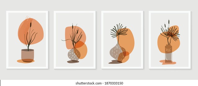 Botanical wall art vector set. Earth tone boho foliage line art drawing with  abstract shape.  Monstera Plant Art design for print, cover, wallpaper, Minimal and  natural wall art.