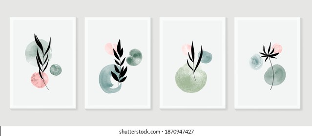 Botanical wall art vector set. Earth tone boho foliage line art drawing with  abstract shape.  Tropical Plant cover design for print, cover, wallpaper, Minimal and  natural wall art.