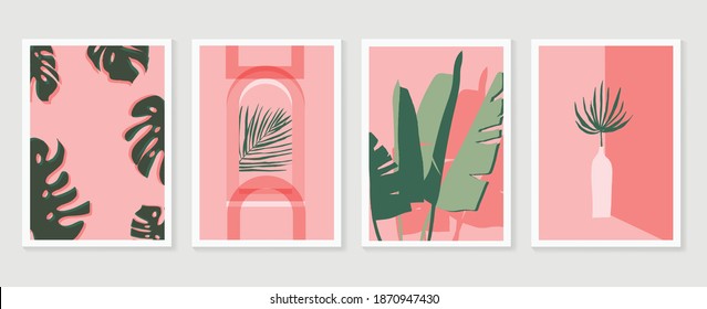 Botanical wall art vector set. Earth tone boho foliage line art drawing with  abstract shape.  Tropical Plant cover design for print, cover, wallpaper, Minimal and  natural wall art.