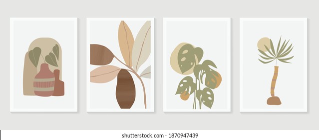 Botanical wall art vector set. Earth tone boho foliage line art drawing with  abstract shape.  Tropical Plant cover design for print, cover, wallpaper, Minimal and  natural wall art.