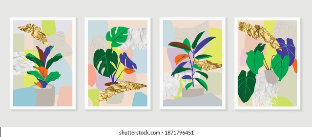 Botanical wall art vector set. Water color boho foliage line art drawing with  abstract shape.  Abstract Plant Art design for print, cover, wallpaper, Minimal and  natural wall art.