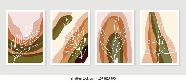 Botanical wall art vector set. Earth tone boho foliage line art drawing with  abstract shape.  Abstract Plant Art design for print, cover, wallpaper, Minimal and  natural wall art.