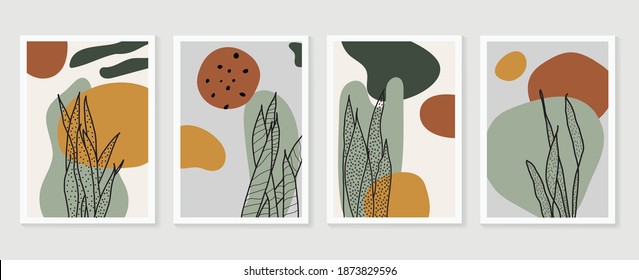 Botanical wall art vector set. Earth tone boho foliage line art drawing with  abstract shape.  Abstract Plant Art design for print, cover, wallpaper, Minimal and  natural wall art.