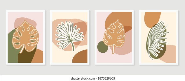 Botanical wall art vector set. Earth tone boho foliage line art drawing with  abstract shape.  Abstract Plant Art design for print, cover, wallpaper, Minimal and  natural wall art.