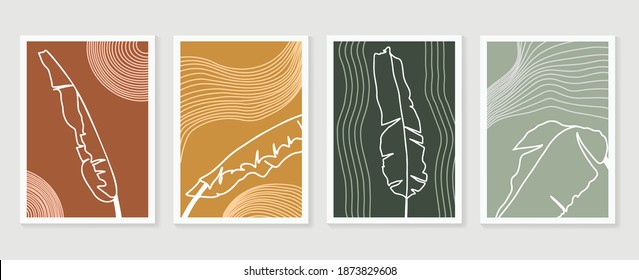 Botanical wall art vector set. Earth tone boho foliage line art drawing with  abstract shape.  Abstract Plant Art design for print, cover, wallpaper, Minimal and  natural wall art.