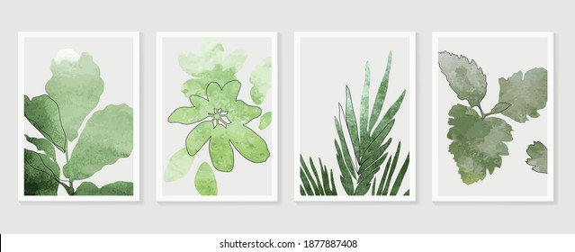 Botanical Wall Art Vector Set. Earth Tone Boho Foliage Line Art Drawing With  Abstract Shape.  Abstract Plant Art Design For Wall Framed Prints, Canvas Prints, Poster, Home Decor, Cover, Wallpaper.