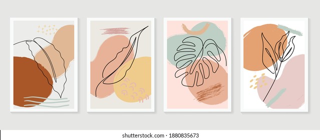 Conjunto de vectores de arte mural botánico. Tono de la Tierra dibujo de líneas de follaje boho con forma abstracta.  Resumen Diseño de arte vegetal para impresiones enmarcadas en la pared, impresiones de lona, afiche, decoración casera, cubierta, papel pintado.