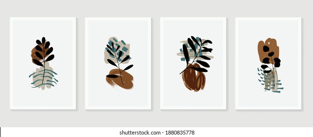 Botanical wall art vector set. Earth tone boho foliage line art drawing with  abstract shape.  Abstract Plant Art design for wall framed prints, canvas prints, poster, home decor, cover, wallpaper.