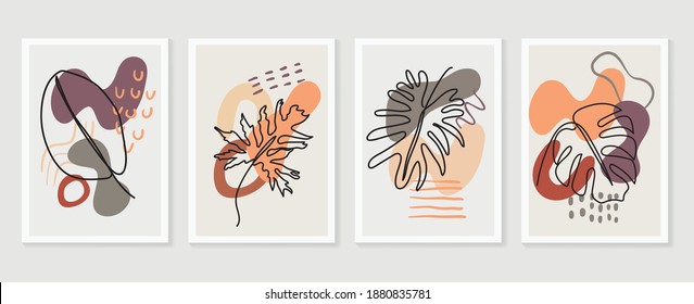 Botanical wall art vector set. Earth tone boho foliage line art drawing with  abstract shape.  Abstract Plant Art design for wall framed prints, canvas prints, poster, home decor, cover, wallpaper.