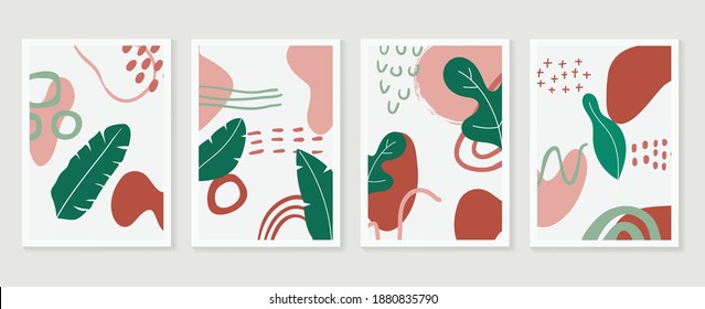 Botanical wall art vector set. Earth tone boho foliage line art drawing with  abstract shape.  Abstract Plant Art design for wall framed prints, canvas prints, poster, home decor, cover, wallpaper.