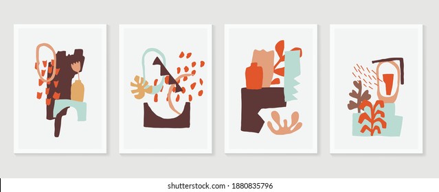 Botanical wall art vector set. Earth tone boho foliage line art drawing with  abstract shape.  Abstract Plant Art design for wall framed prints, canvas prints, poster, home decor, cover, wallpaper.