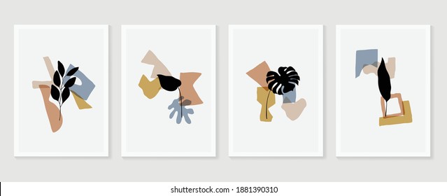 Conjunto de vectores de arte mural botánico. Tono de la Tierra dibujo de líneas de follaje boho con forma abstracta.  Resumen Diseño de arte vegetal para impresiones enmarcadas en la pared, impresiones de lona, afiche, decoración casera, cubierta, papel pintado.