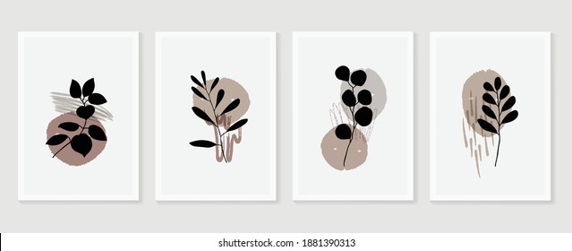 Botanical wall art vector set. Earth tone boho foliage line art drawing with  abstract shape.  Abstract Plant Art design for wall framed prints, canvas prints, poster, home decor, cover, wallpaper.