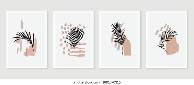 Botanical wall art vector set. Earth tone boho foliage line art drawing with  abstract shape.  Abstract Plant Art design for wall framed prints, canvas prints, poster, home decor, cover, wallpaper.