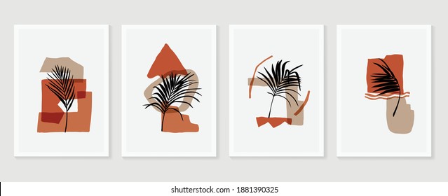 Botanical wall art vector set. Earth tone boho foliage line art drawing with  abstract shape.  Abstract Plant Art design for wall framed prints, canvas prints, poster, home decor, cover, wallpaper.