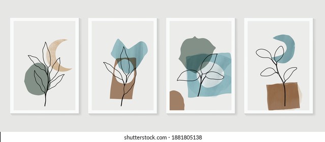 Botanical wall art vector set. Earth tone boho foliage line art drawing with  abstract shape.  Abstract Plant Art design for wall framed prints, canvas prints, poster, home decor, cover, wallpaper.