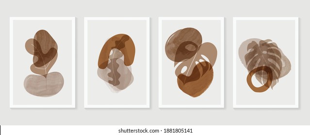 Botanical wall art vector set. Earth tone boho foliage line art drawing with  abstract shape.  Abstract Plant Art design for wall framed prints, canvas prints, poster, home decor, cover, wallpaper.