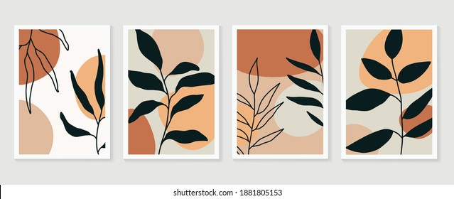 Botanical wall art vector set. Earth tone boho foliage line art drawing with  abstract shape.  Abstract Plant Art design for wall framed prints, canvas prints, poster, home decor, cover, wallpaper.