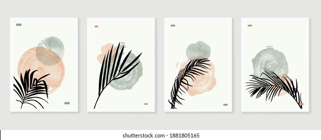 Botanical wall art vector set. Earth tone boho foliage line art drawing with  abstract shape.  Abstract Plant Art design for wall framed prints, canvas prints, poster, home decor, cover, wallpaper.