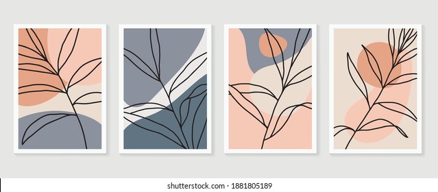 Botanical wall art vector set. Earth tone boho foliage line art drawing with  abstract shape.  Abstract Plant Art design for wall framed prints, canvas prints, poster, home decor, cover, wallpaper.