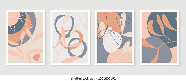 Botanical wall art vector set. Earth tone boho foliage line art drawing with  abstract shape.  Abstract Plant Art design for wall framed prints, canvas prints, poster, home decor, cover, wallpaper.