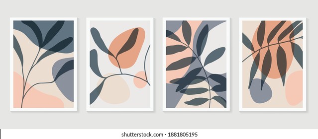 Botanical wall art vector set. Earth tone boho foliage line art drawing with  abstract shape.  Abstract Plant Art design for wall framed prints, canvas prints, poster, home decor, cover, wallpaper.