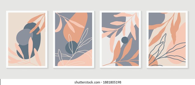 Botanical wall art vector set. Earth tone boho foliage line art drawing with  abstract shape.  Abstract Plant Art design for wall framed prints, canvas prints, poster, home decor, cover, wallpaper.