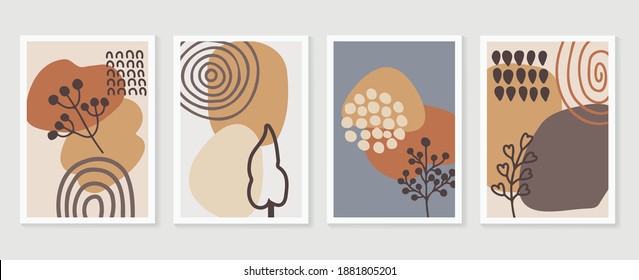 Botanical wall art vector set. Earth tone boho foliage line art drawing with  abstract shape.  Abstract Plant Art design for wall framed prints, canvas prints, poster, home decor, cover, wallpaper.