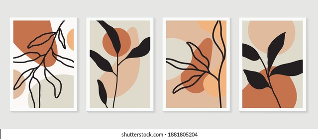 Botanical wall art vector set. Earth tone boho foliage line art drawing with  abstract shape.  Abstract Plant Art design for wall framed prints, canvas prints, poster, home decor, cover, wallpaper.