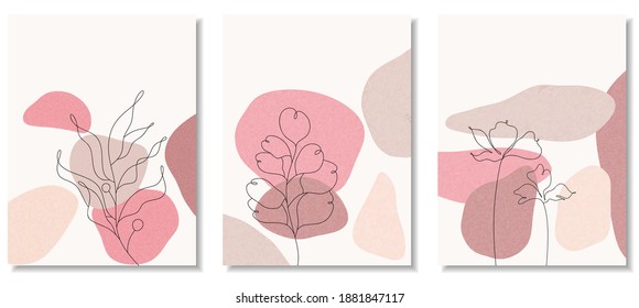 Botanical wall art vector set. Foliage line art drawing with abstract shape. Abstract Plant Art design for print, cover, wallpaper, Minimal and natural wall art. Vector illustration.

