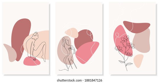 Vektorset von Collage modernes Poster mit abstrakten Formen und einer Linie Illustrationen von weiblichem Körper. Für Poster, Stoffdruck, Grußkartenvorlage, Social-Media-Post, Banner, Einladung, Broschüre
