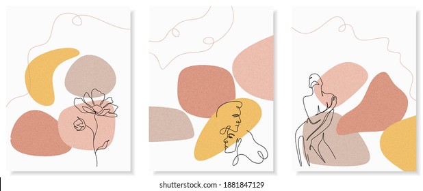 Conjunto de vectores de póster moderno de collage con formas abstractas e ilustraciones de una línea del cuerpo femenino. Para afiches, papel textil, plantilla de tarjeta de saludo, publicación en redes sociales, banner, invitación, folleto