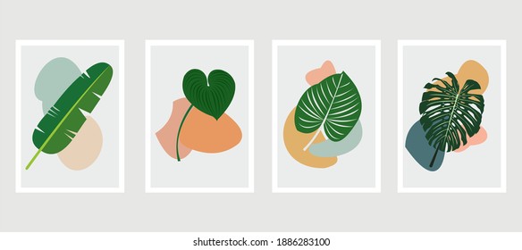 Botanical wall art vector set. Foliage line art drawing with abstract shape. Abstract Plant Art design for print, cover, wallpaper, Minimal and natural wall art. Vector illustration.