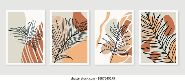 Conjunto de vectores de arte mural botánico. Tono de la Tierra dibujo de líneas de follaje boho con forma abstracta.  Resumen Diseño de arte vegetal para impresiones enmarcadas en la pared, impresiones de lona, afiche, decoración casera, cubierta, papel pintado.