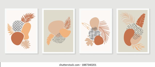 Botanical wall art vector set. Earth tone boho foliage line art drawing with  abstract shape.  Abstract Plant Art design for wall framed prints, canvas prints, poster, home decor, cover, wallpaper.