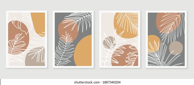 Conjunto de vectores de arte mural botánico. Tono de la Tierra dibujo de líneas de follaje boho con forma abstracta.  Resumen Diseño de arte vegetal para impresiones enmarcadas en la pared, impresiones de lona, afiche, decoración casera, cubierta, papel pintado.