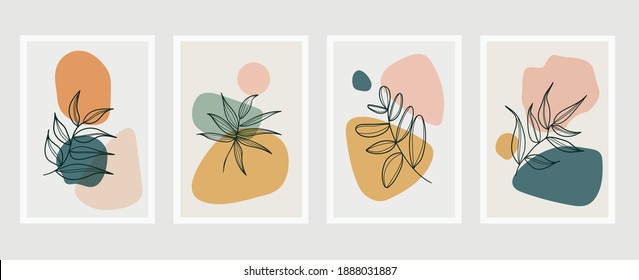 Botanical wall art vector set. Earth tone boho foliage line art drawing with  abstract shape.  Abstract Plant Art design for wall framed prints, canvas prints, poster, home decor, cover, wallpaper.