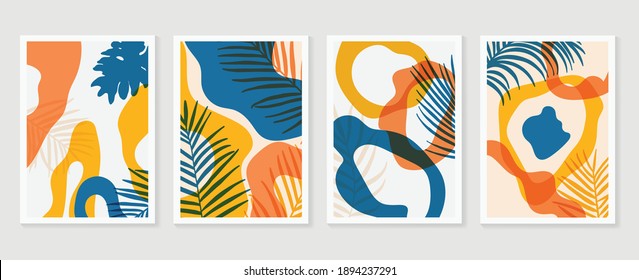 Botanical wall art vector set. Earth tone boho foliage line art drawing with  abstract shape.  Abstract Plant Art design for wall framed prints, canvas prints, poster, home decor, cover, wallpaper.