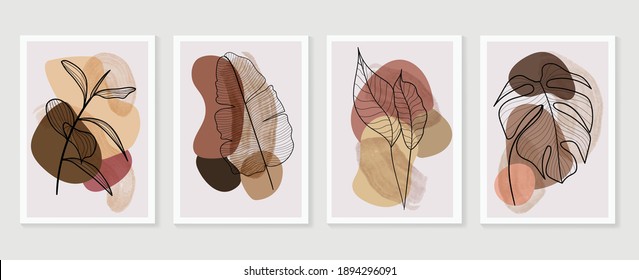 Botanische Wandkunst, Vektorset. Erdton boho Blattlinie Zeichnung mit abstrakter Form.  Abstraktes Plant Art Design für Wandbilder, Leinwand-Drucke, Poster, Wohnungsdekor, Decken, Tapeten.