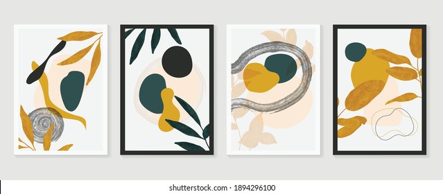 Botanical wall art vector set. Earth tone boho foliage line art drawing with  abstract shape.  Abstract Plant Art design for wall framed prints, canvas prints, poster, home decor, cover, wallpaper.