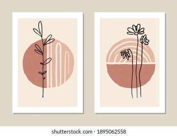 Botanical wall art vector set. Abstract pattern of flowers and branches for collages, posters, covers, ideal for wall decoration. Vector.