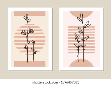 Conjunto de vectores de arte mural botánico. Patrón abstracto de flores y ramas para collages, afiches, cubiertas, ideal para la decoración de las paredes. Vector.