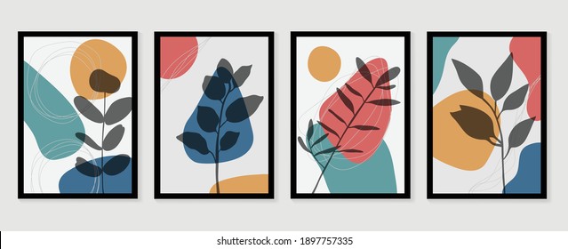 Botanical wall art vector set. Golden foliage line art drawing with  abstract shape.  Abstract Plant Art design for wall framed prints, canvas prints, poster, home decor, cover, wallpaper.