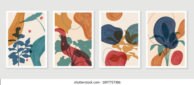 Botanical wall art vector set. Golden foliage line art drawing with  abstract shape.  Abstract Plant Art design for wall framed prints, canvas prints, poster, home decor, cover, wallpaper.