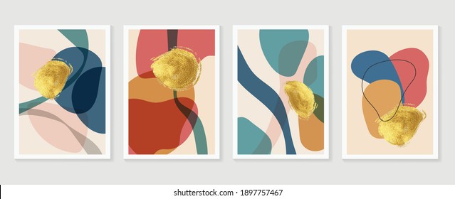 Botanical wall art vector set. Golden foliage line art drawing with  abstract shape.  Abstract Plant Art design for wall framed prints, canvas prints, poster, home decor, cover, wallpaper.