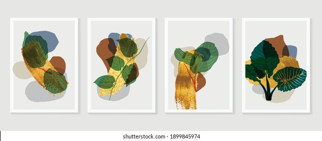 Botanical wall art vector set. Golden foliage line art drawing with  abstract shape.  Abstract Plant Art design for wall framed prints, canvas prints, poster, home decor, cover, wallpaper.