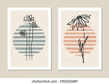 Botanical wall art vector set. Abstract pattern of flowers and branches for collages, posters, covers, ideal for wall decoration. Vector. 